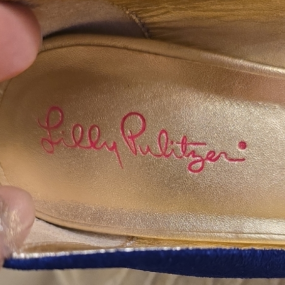 Lilly Pulitzer Blue and Gold Wedges with Elegant Design - Picture 2 of 13